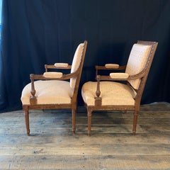 French Pair Louis XVI Carved Mahogany Fauteuil Arm Chairs