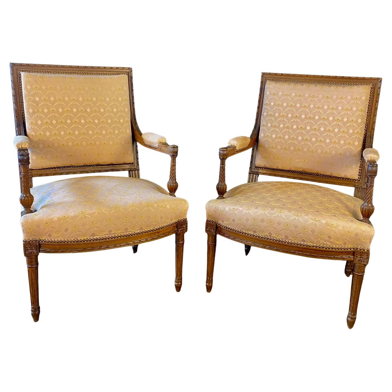 Französisch Paar Louis XVI geschnitzt Mahagoni Fauteuil Arm Stühle