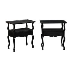 French Pair Mid-Century 2-Tier Black End Tables w/Protective Glass Tops