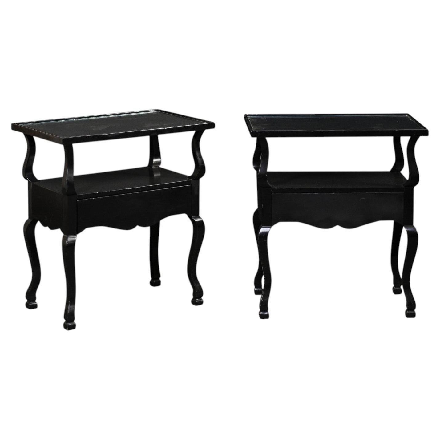 French Pair Mid-Century 2-Tier Black End Tables w/Protective Glass Tops