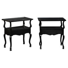 French Pair Mid-Century 2-Tier Black End Tables w/Protective Glass Tops