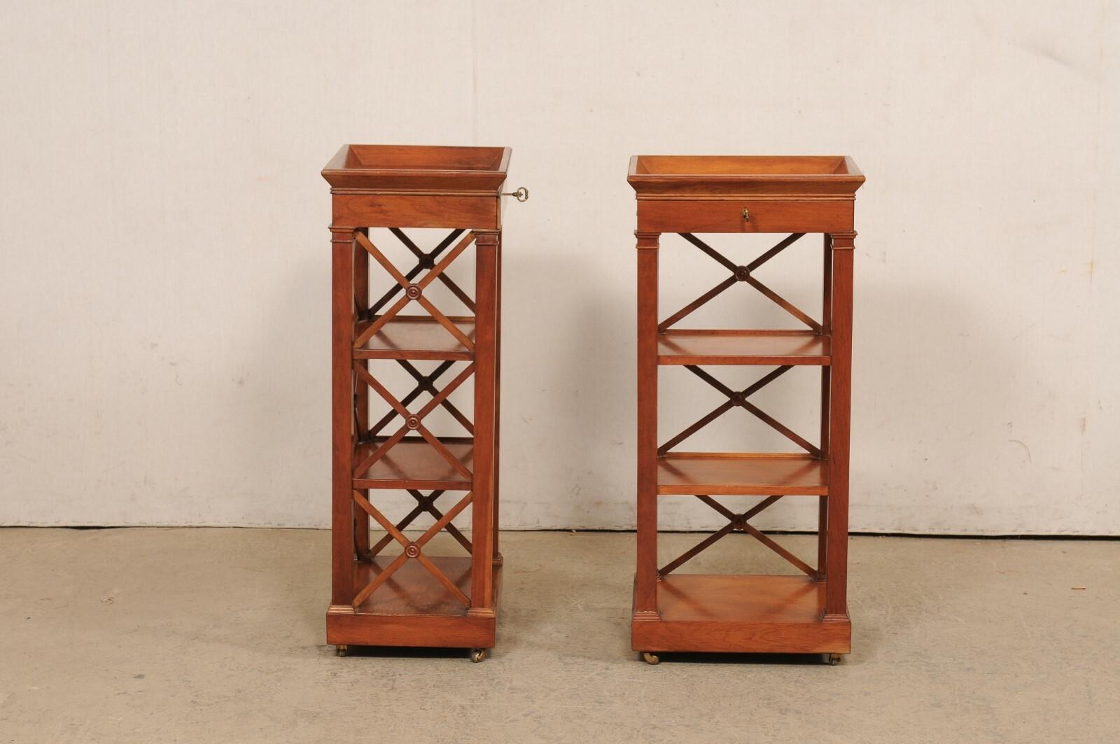 French Pair Mid-Century Wooden Open-Shelved Side Chests w/Drawer, 38.5