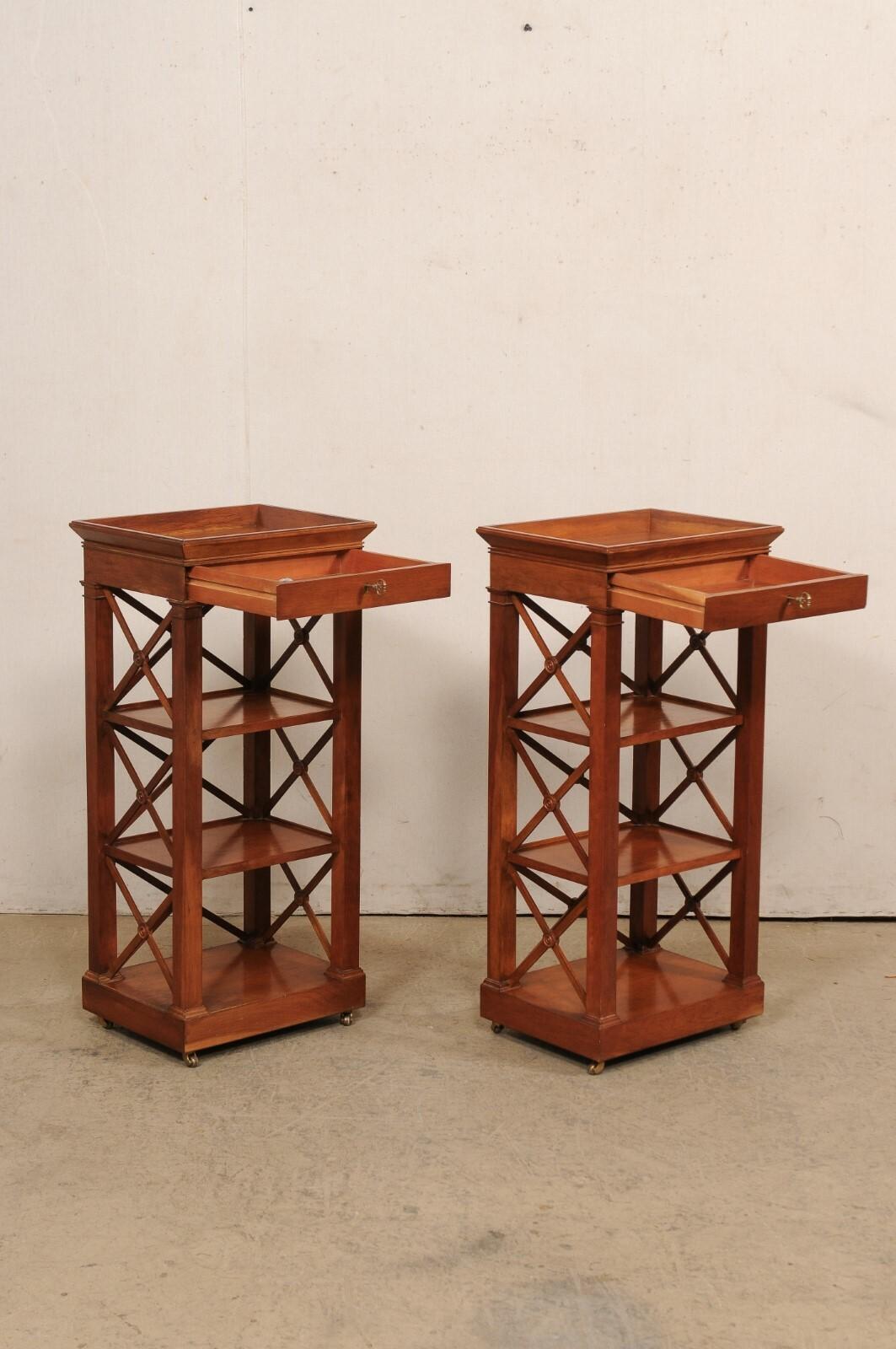 Mid-Century Modern French Pair Mid-Century Wooden Open-Shelved Side Chests w/Drawer, 38.5