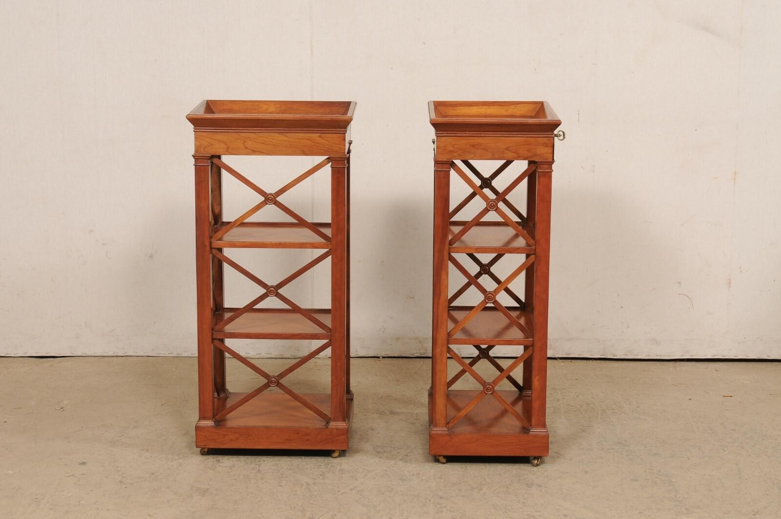 French Pair Mid-Century Wooden Open-Shelved Side Chests w/Drawer, 38.5