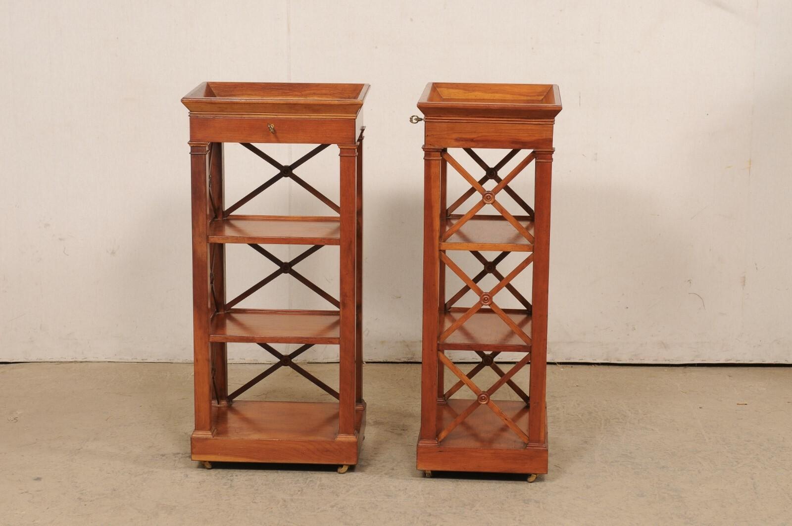 French Pair Mid-Century Wooden Open-Shelved Side Chests w/Drawer, 38.5
