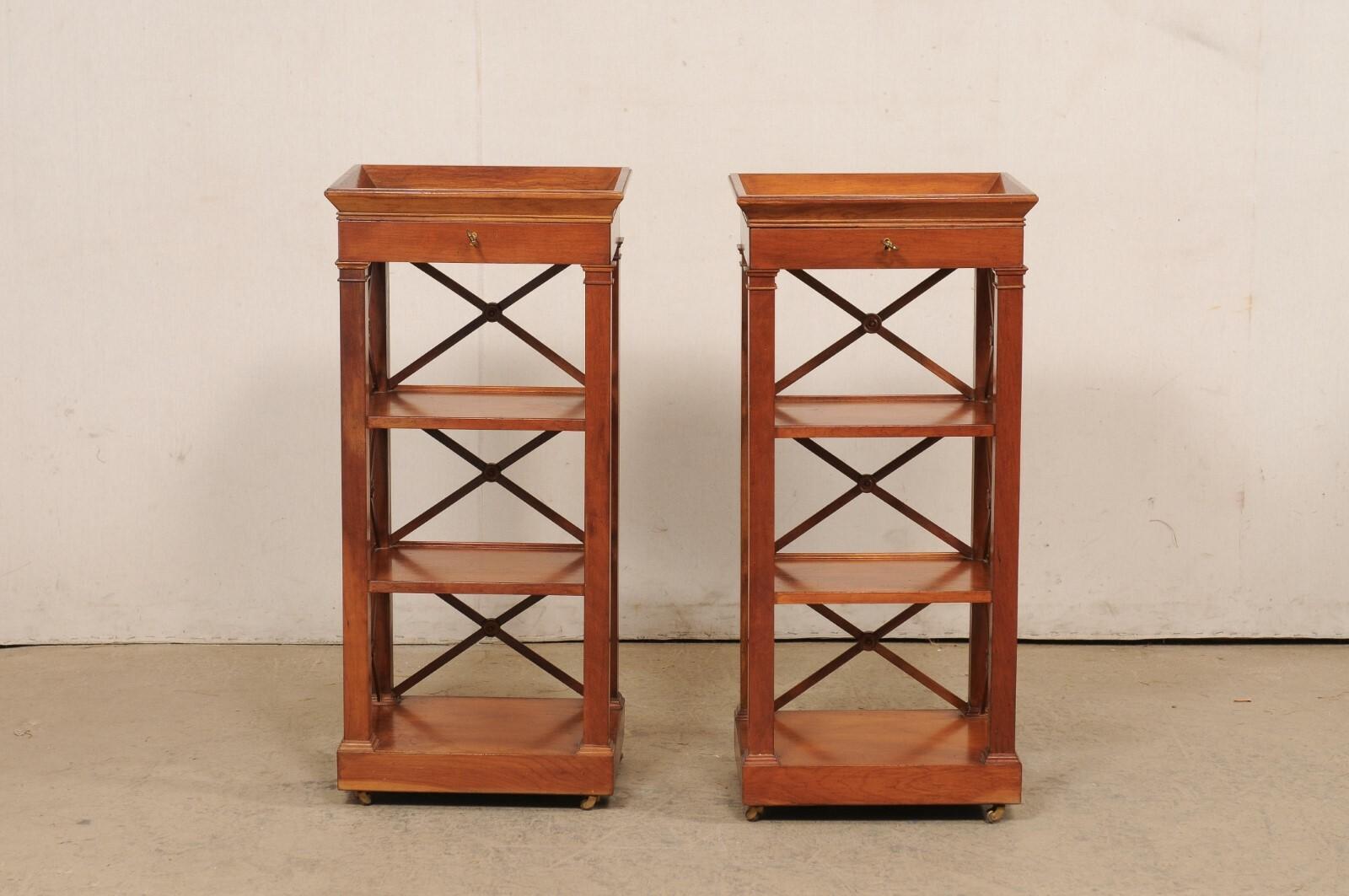French Pair Mid-Century Wooden Open-Shelved Side Chests w/Drawer, 38.5