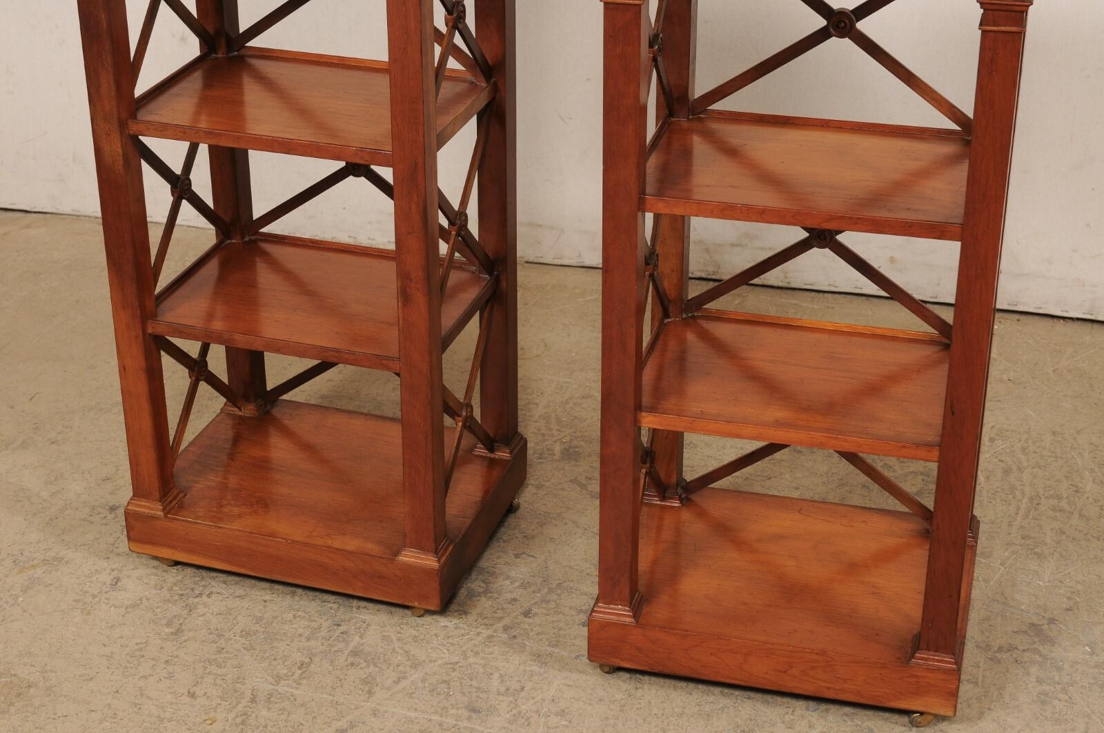 French Pair Mid-Century Wooden Open-Shelved Side Chests w/Drawer, 38.5