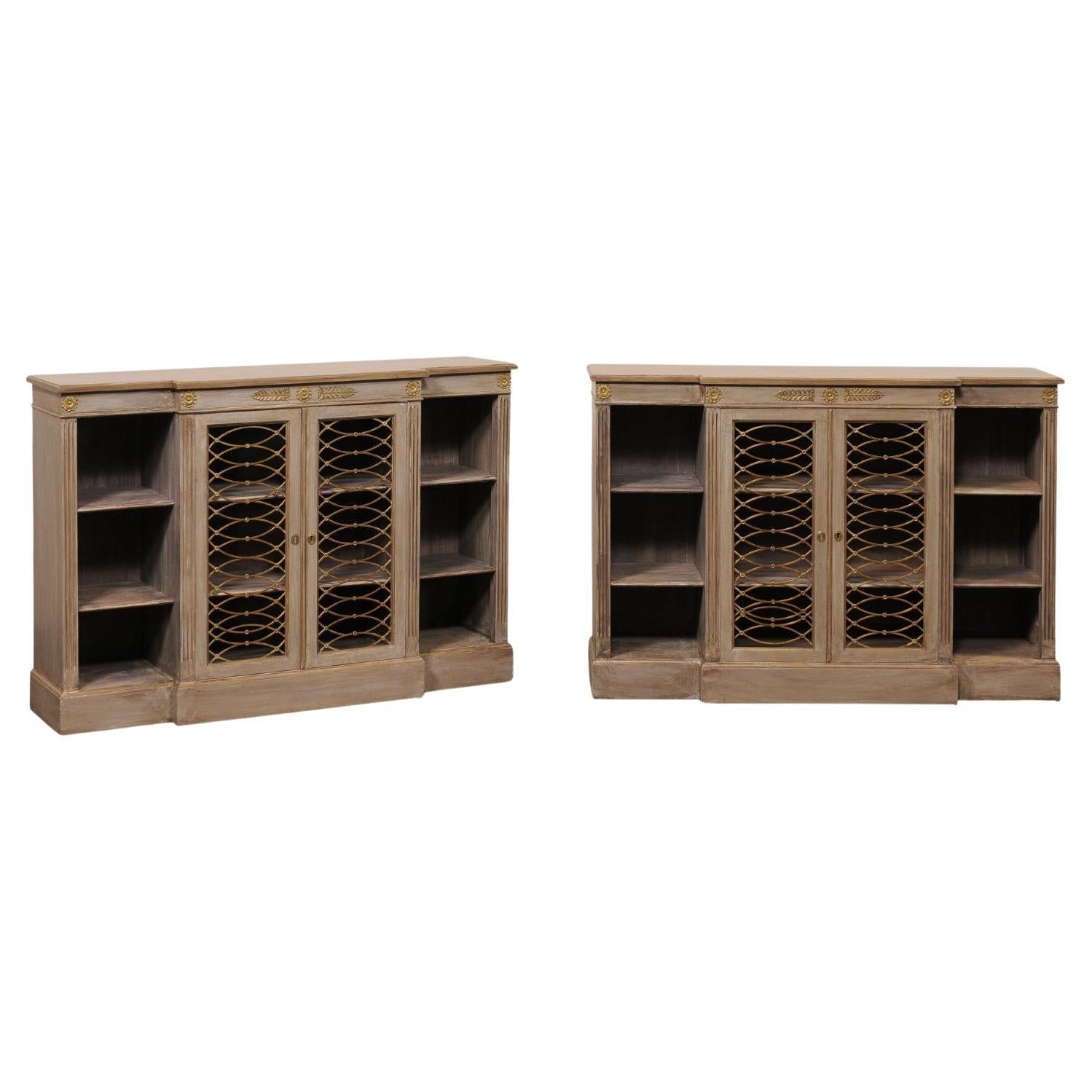 French Pair Neoclassic Breakfront Bookcase Consoles w/Beautiful Brass Accents