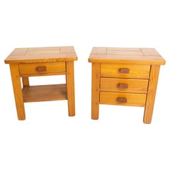 French Pair Nightstands Charlotte Perriand Style Bedside Tables Pine circa 1970