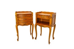French Pair Nightstands Louis XV Style Side Cabinets Bedside Cherry Wood c 1970