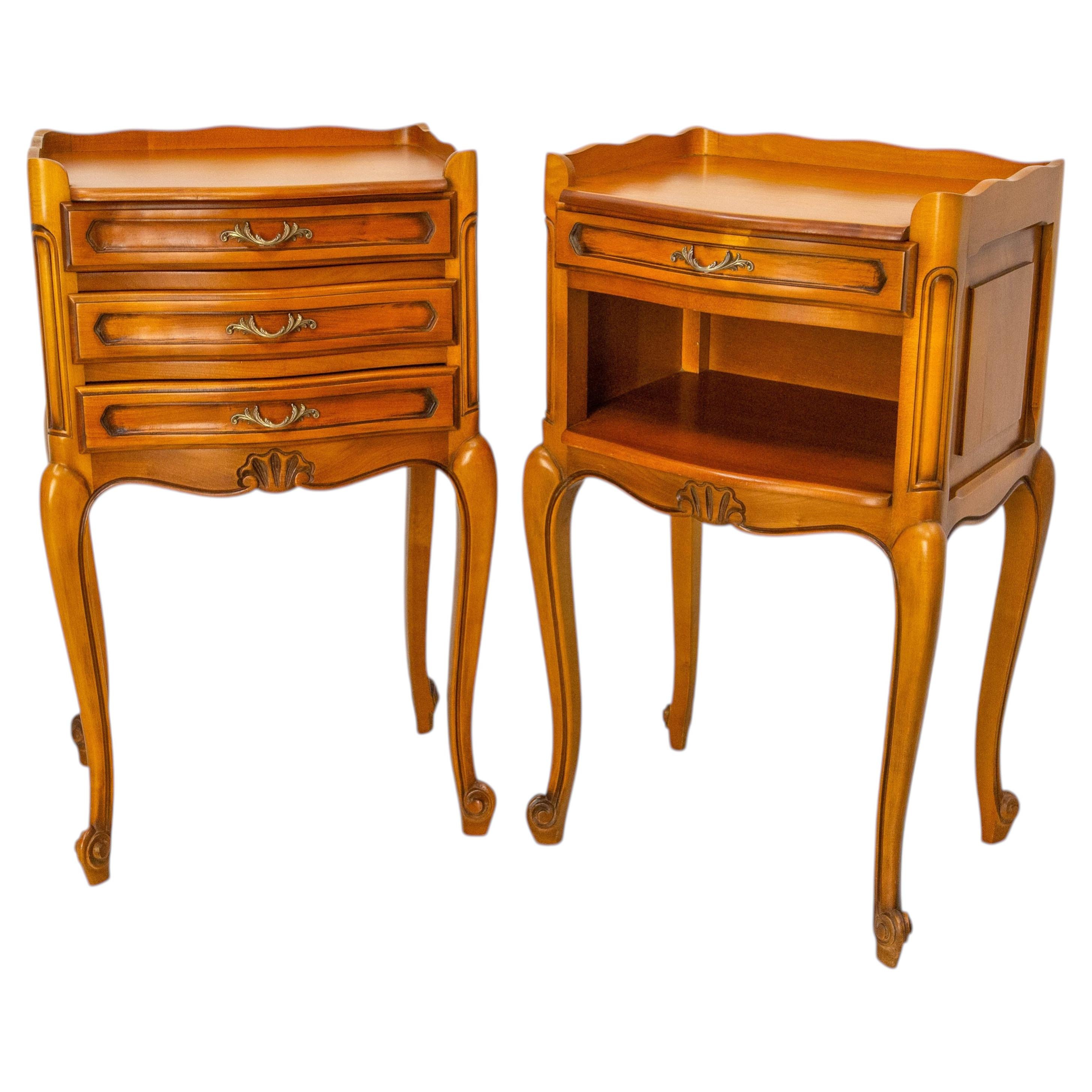 French Pair Nightstands Louis XV Style Side Cabinets Bedside Cherry Wood c 1970