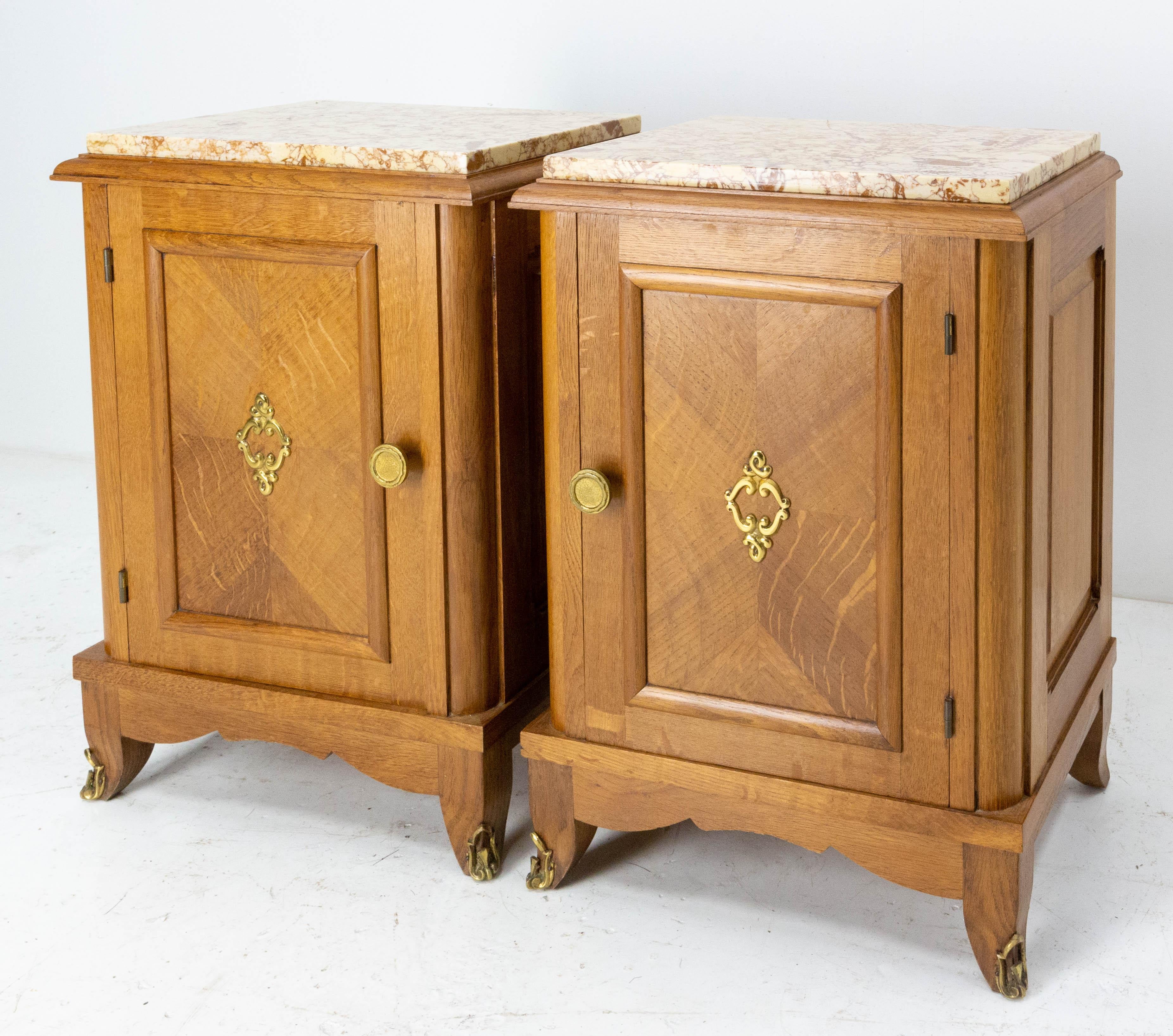 Mid-Century Modern French Pair Nightstands Side Cabinets Oak Bedside Tables Marble Tops, 1960 For Sale