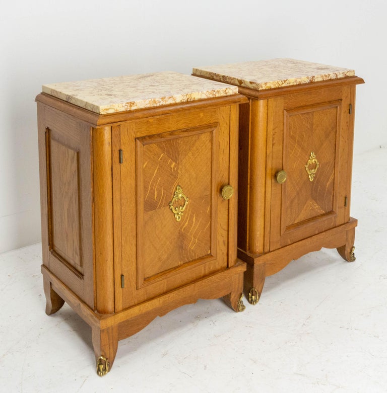 French Pair Nightstands Side Cabinets Oak Bedside Tables Marble Tops, 1960 In Good Condition For Sale In Labrit, Landes