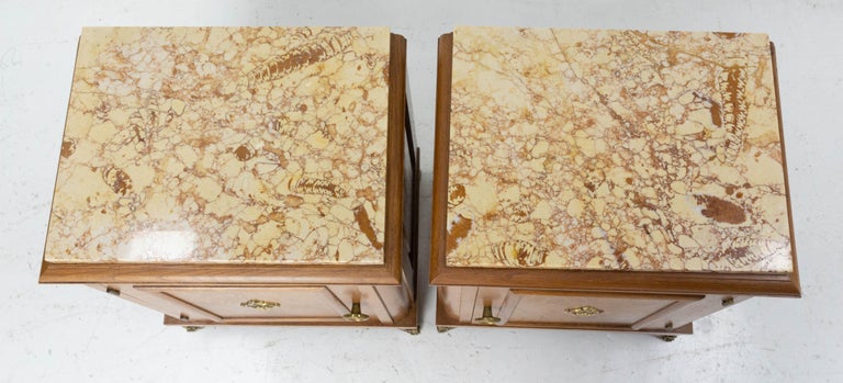 Mid-20th Century French Pair Nightstands Side Cabinets Oak Bedside Tables Marble Tops, 1960 For Sale