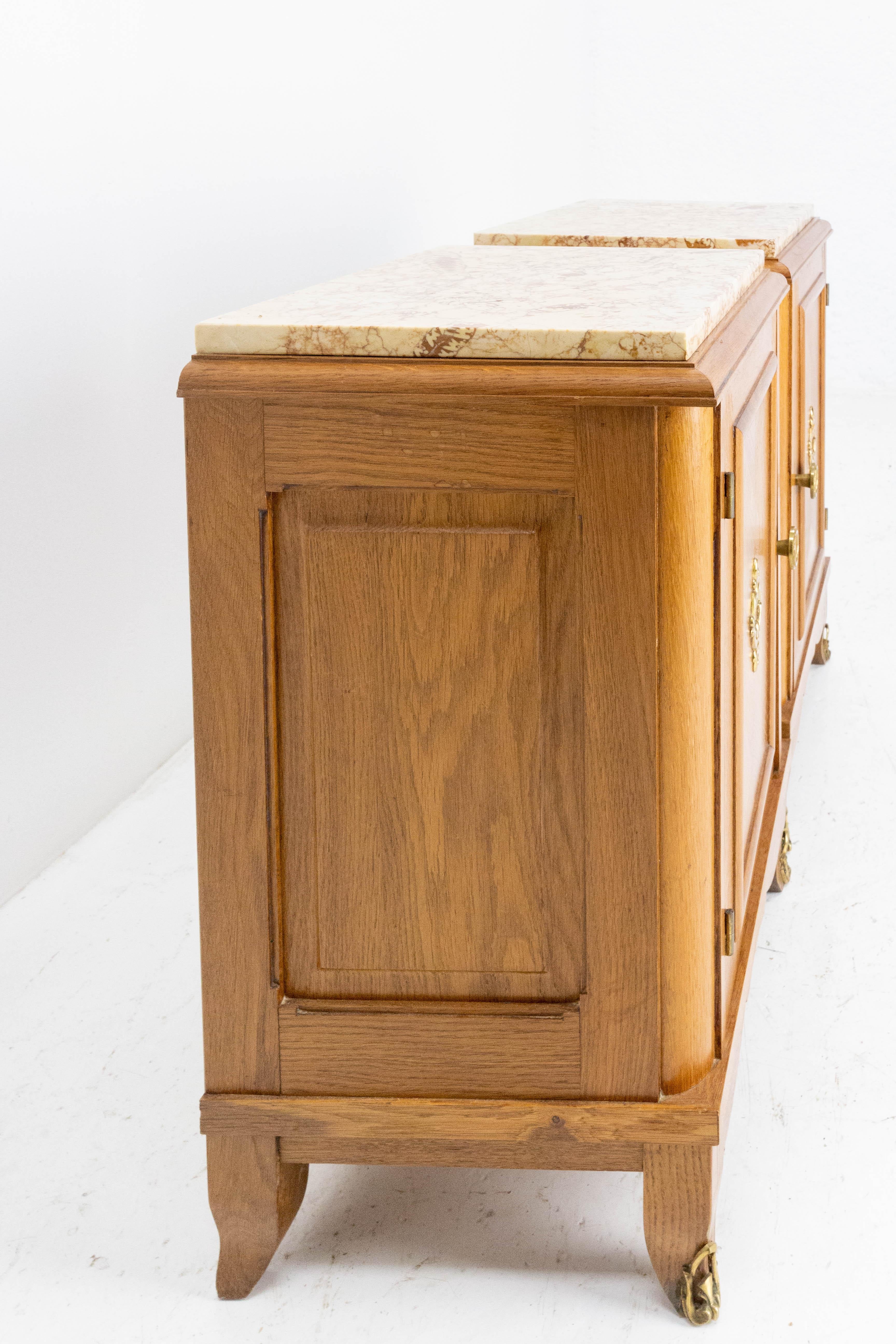 Brass French Pair Nightstands Side Cabinets Oak Bedside Tables Marble Tops, 1960 For Sale