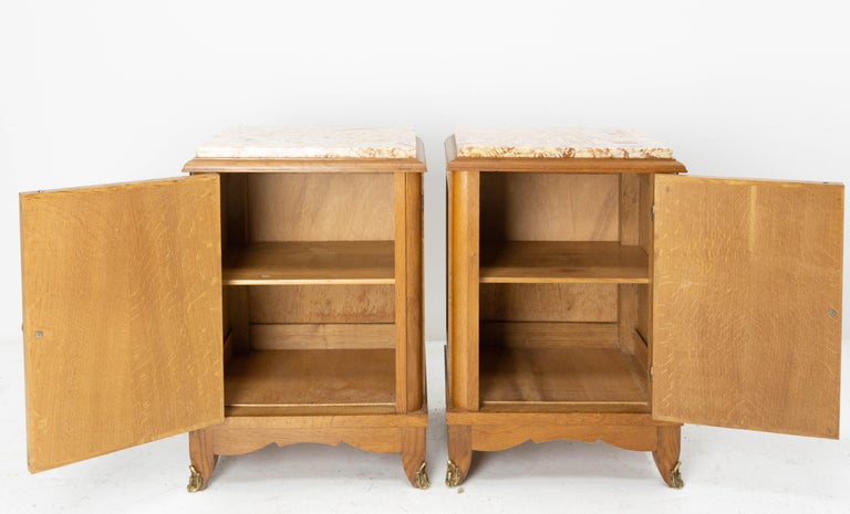 French Pair Nightstands Side Cabinets Oak Bedside Tables Marble Tops, 1960 For Sale 1
