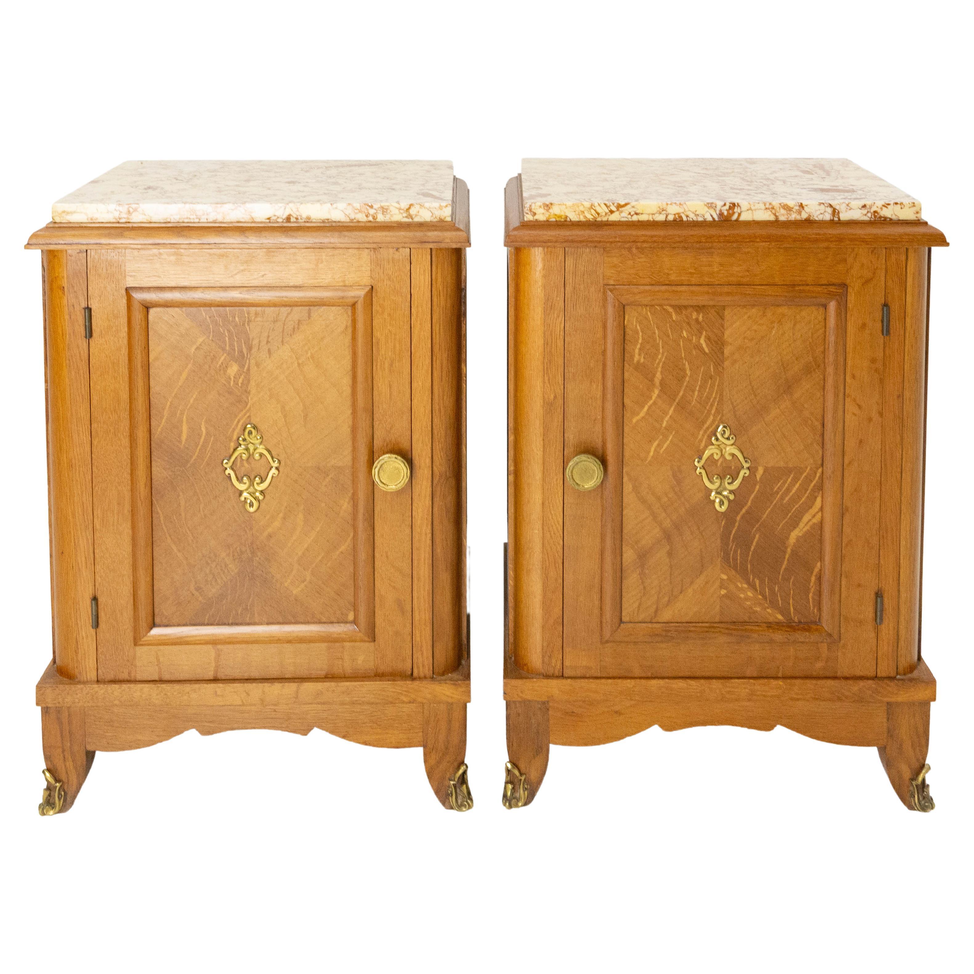 French Pair Nightstands Side Cabinets Oak Bedside Tables Marble Tops, 1960