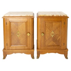 Vintage French Pair Nightstands Side Cabinets Oak Bedside Tables Marble Tops, 1960