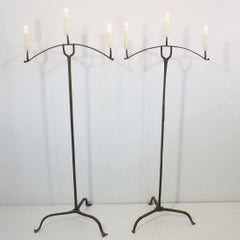 French Pair of 17th Century Hand-Forged Iron Candleholders