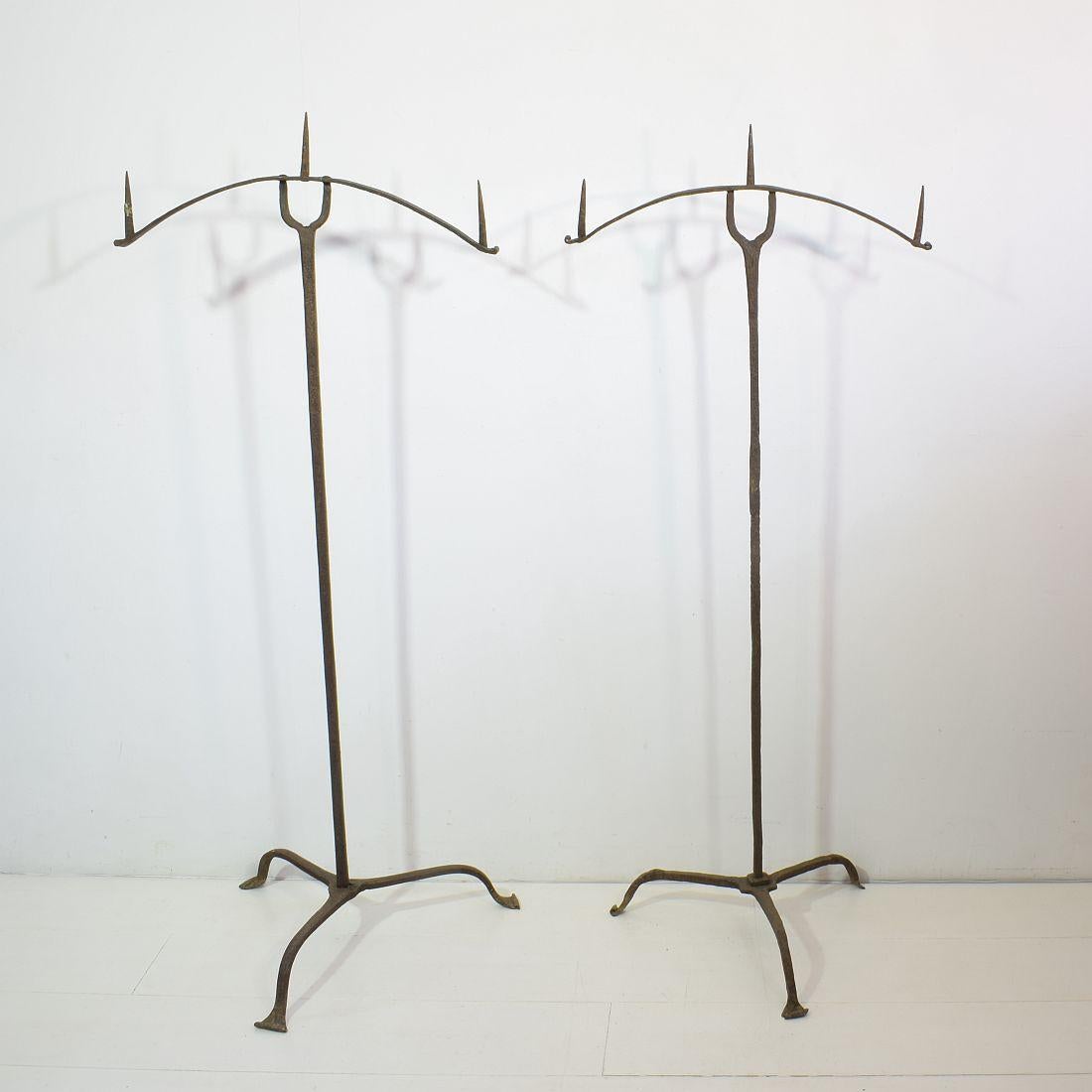 French Provincial French Pair of 17th Century Hand-Forged Iron Candleholders For Sale