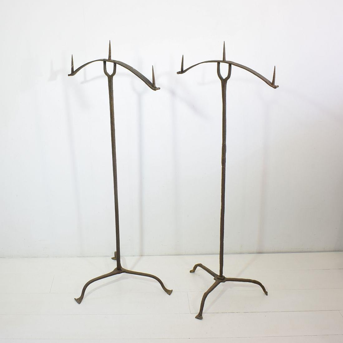 18th Century and Earlier French Pair of 17th Century Hand-Forged Iron Candleholders For Sale