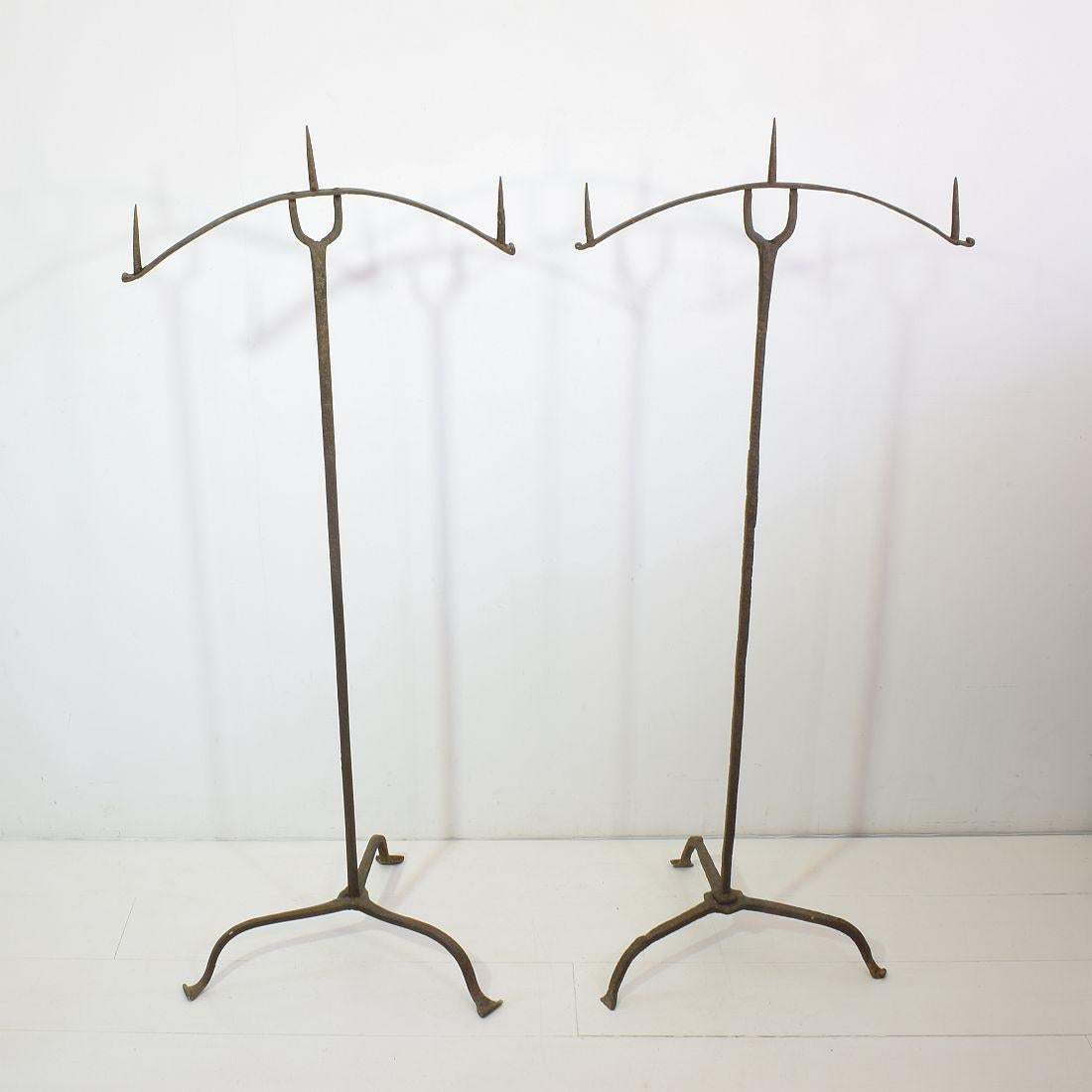 French Pair of 17th Century Hand-Forged Iron Candleholders For Sale 3