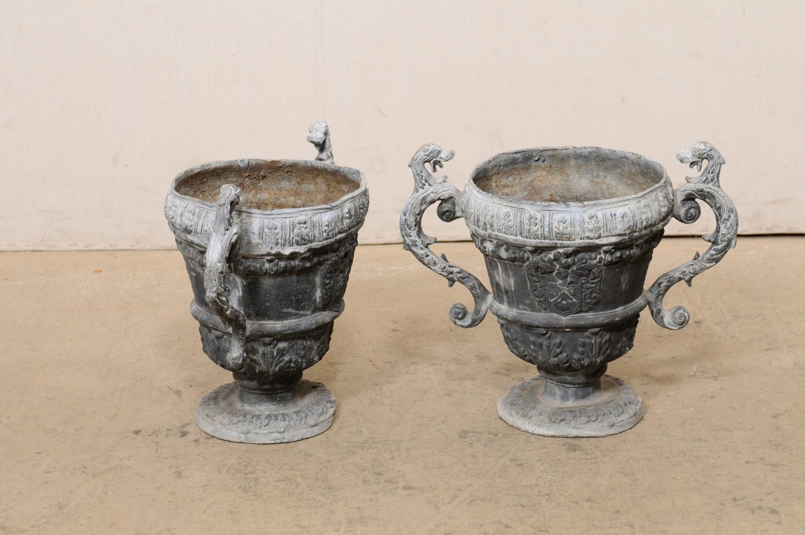 French Pair of 18th C. Decorative Lead Urn Planters for Garden Patio For Sale 5