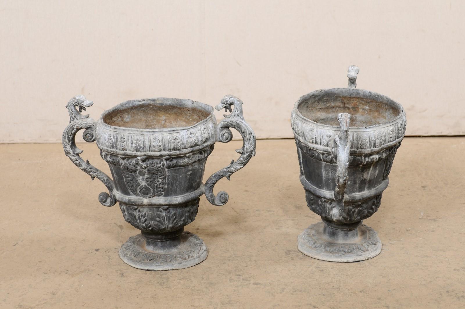 French Pair of 18th C. Decorative Lead Urn Planters for Garden Patio For Sale 6
