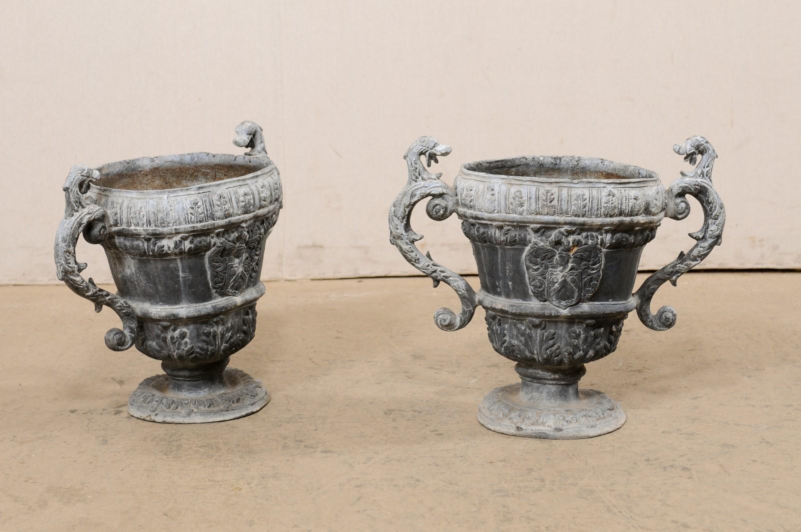 French Pair of 18th C. Decorative Lead Urn Planters for Garden Patio For Sale 7