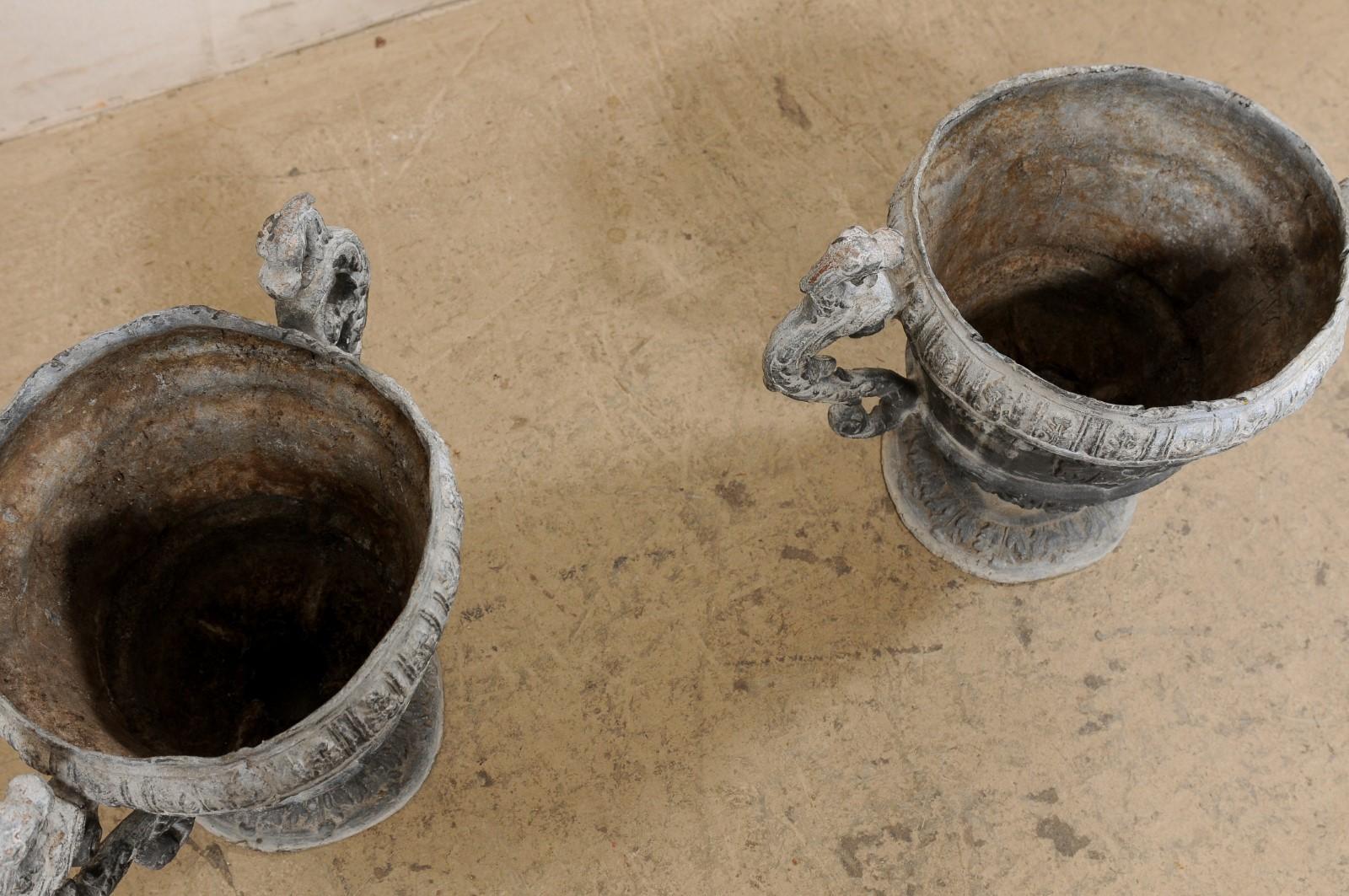 French Pair of 18th C. Decorative Lead Urn Planters for Garden Patio In Good Condition For Sale In Atlanta, GA