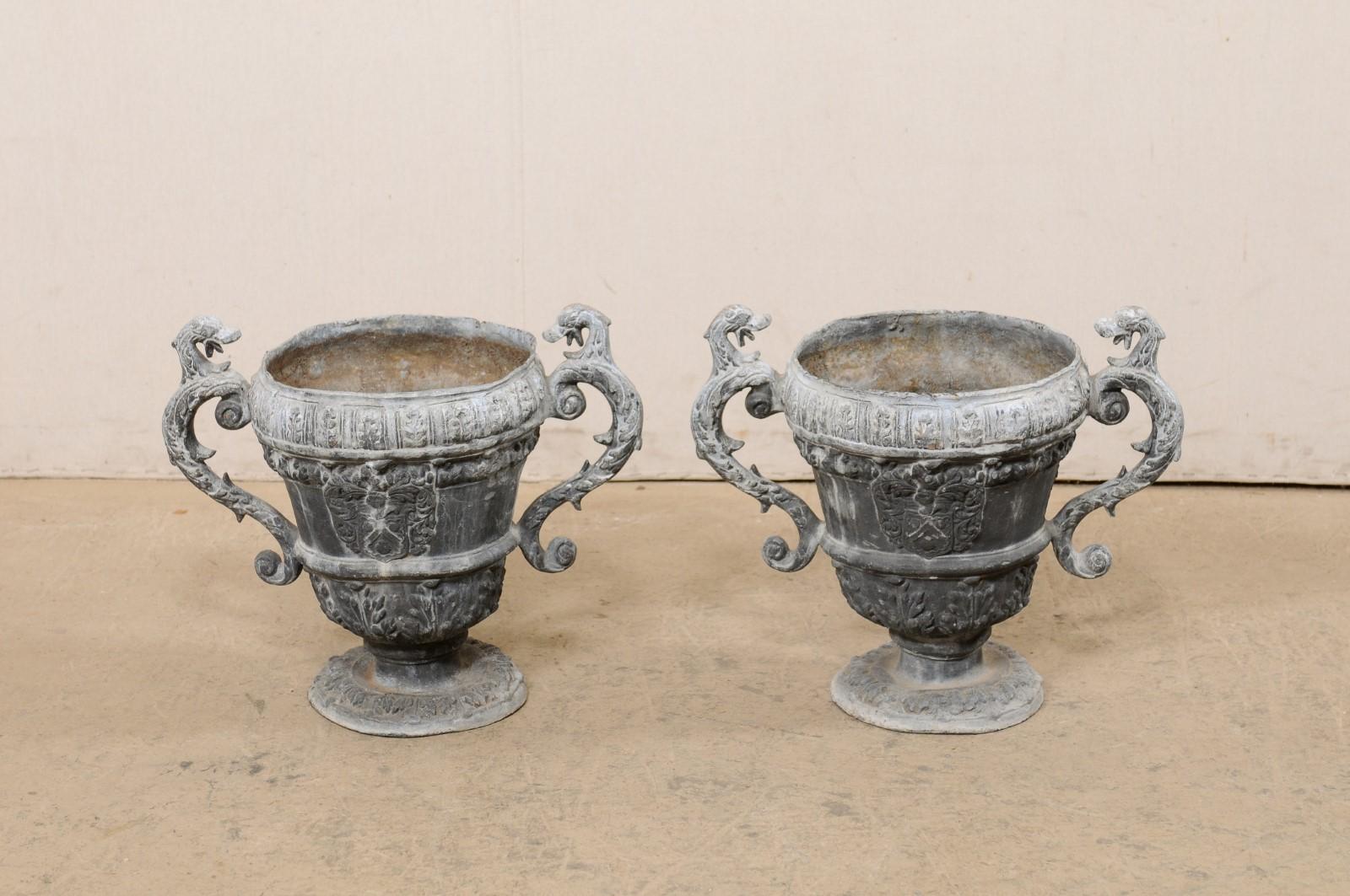 18th Century and Earlier French Pair of 18th C. Decorative Lead Urn Planters for Garden Patio For Sale