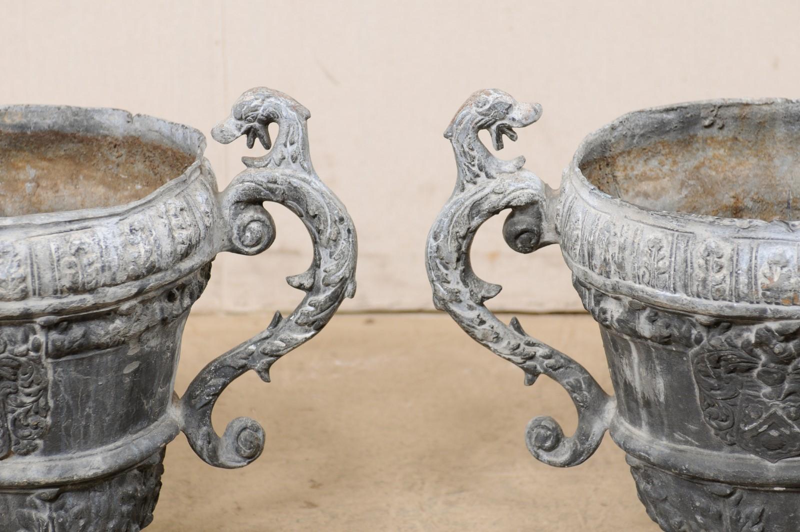French Pair of 18th C. Decorative Lead Urn Planters for Garden Patio For Sale 1