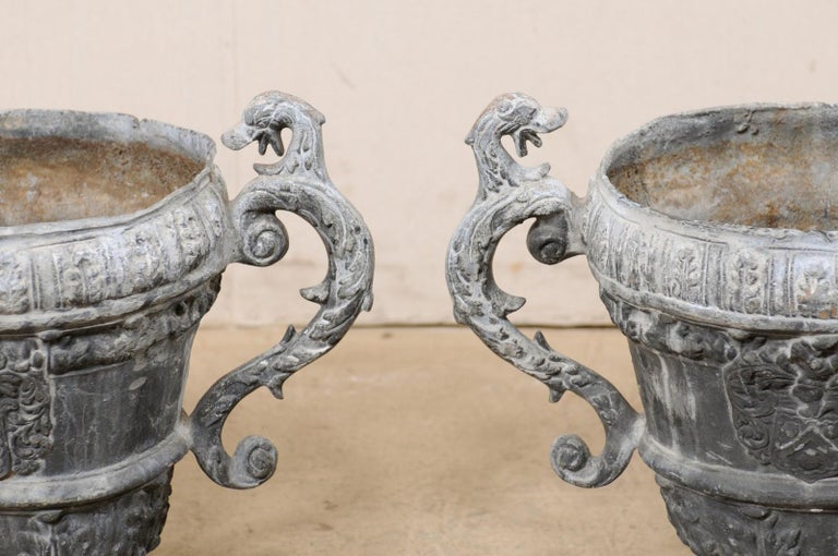 French Pair of 18th C. Decorative Lead Urn Planters for Garden Patio