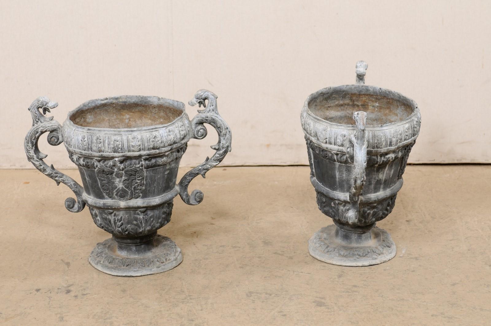 French Pair of 18th C. Decorative Lead Urn Planters for Garden Patio For Sale 2