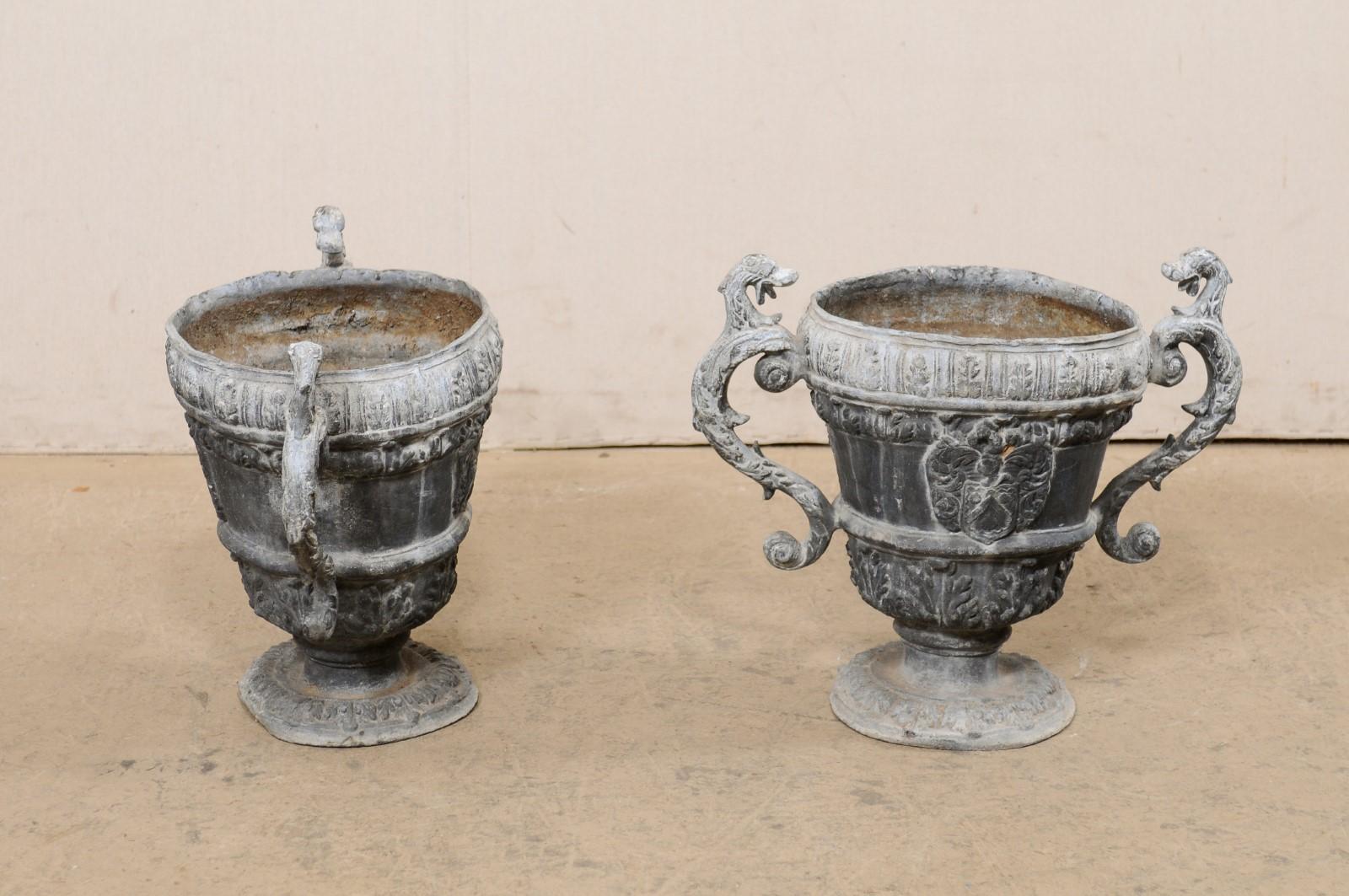 French Pair of 18th C. Decorative Lead Urn Planters for Garden Patio For Sale 3