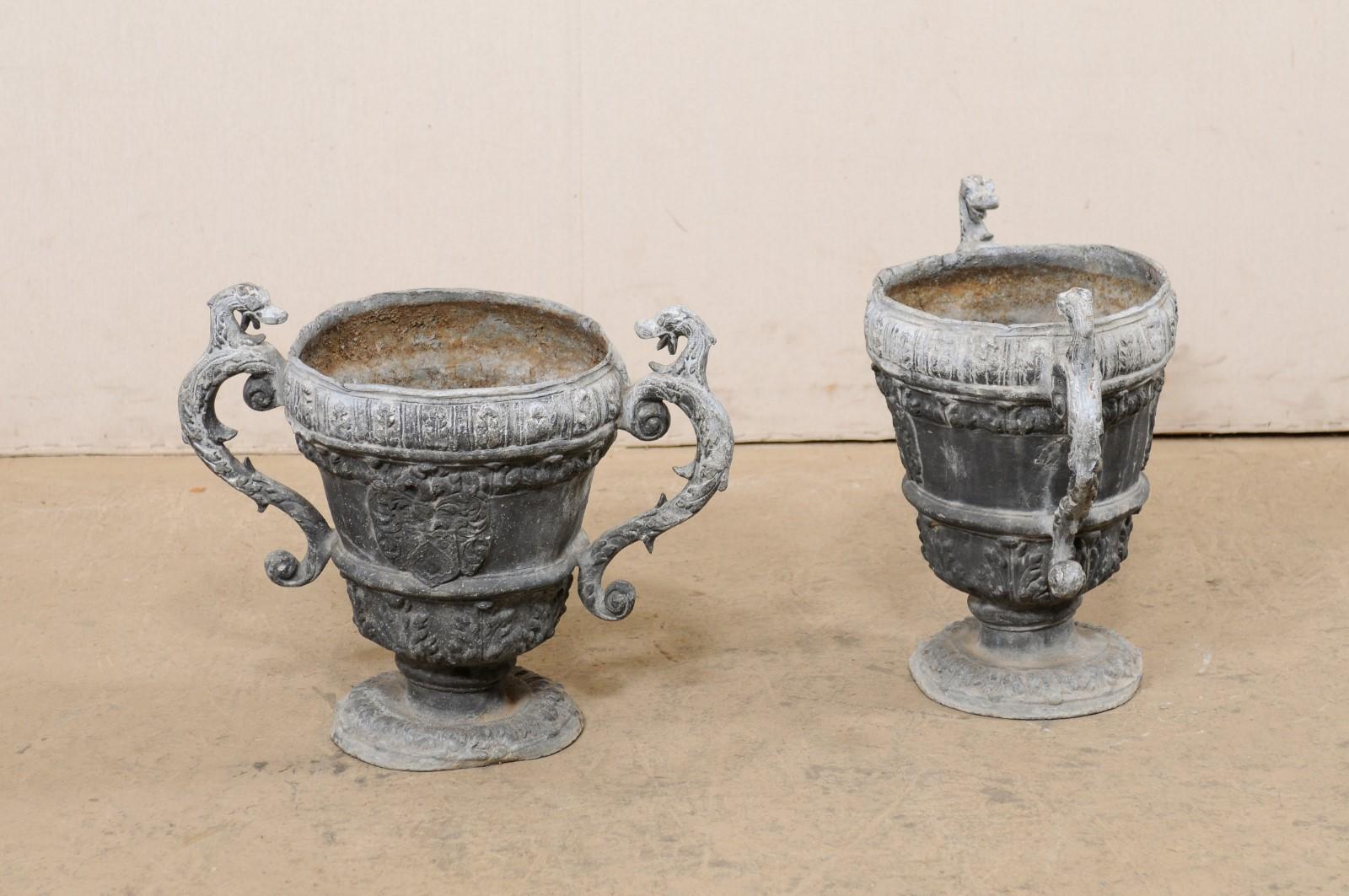 French Pair of 18th C. Decorative Lead Urn Planters for Garden Patio For Sale 4
