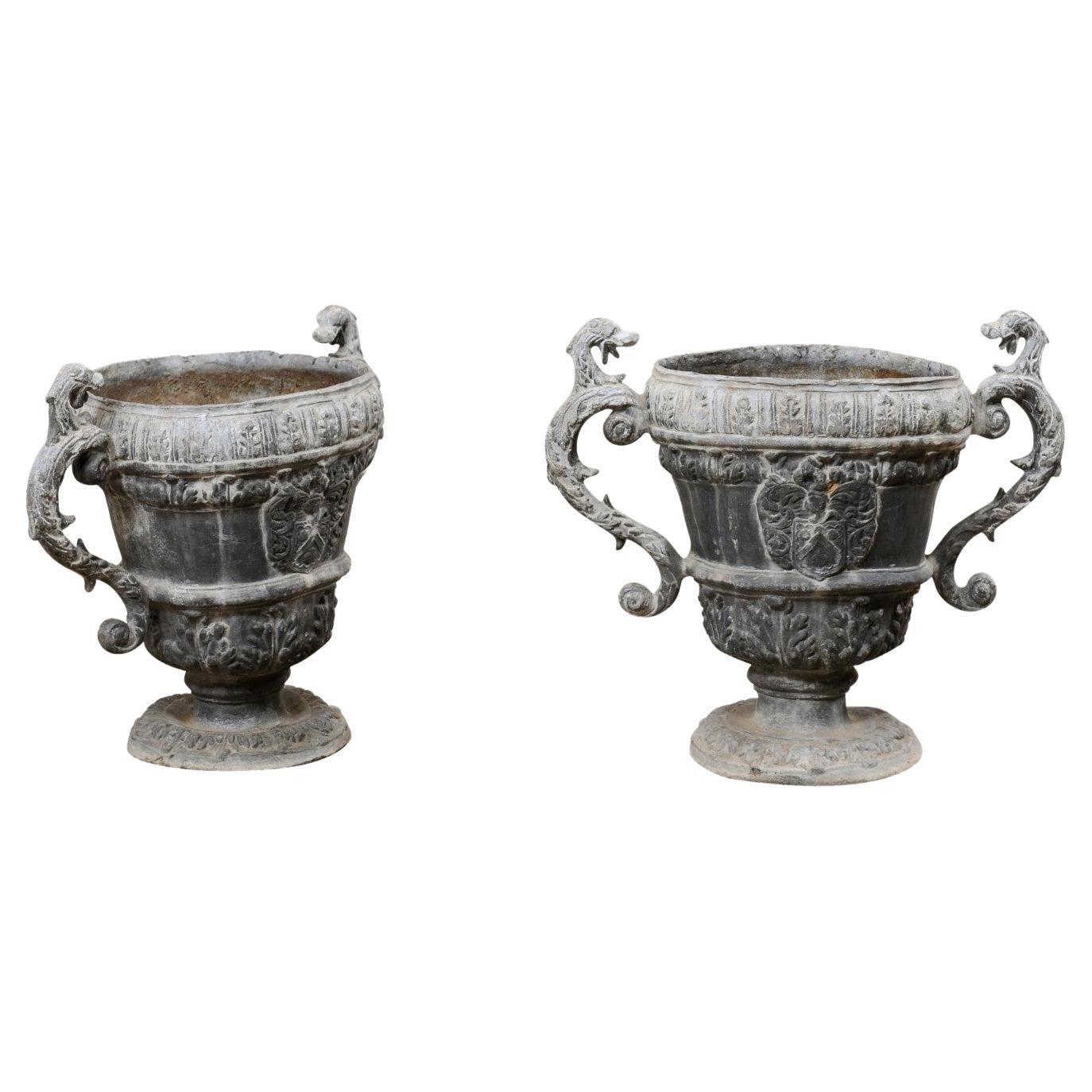 French Pair of 18th C. Decorative Lead Urn Planters for Garden Patio For Sale
