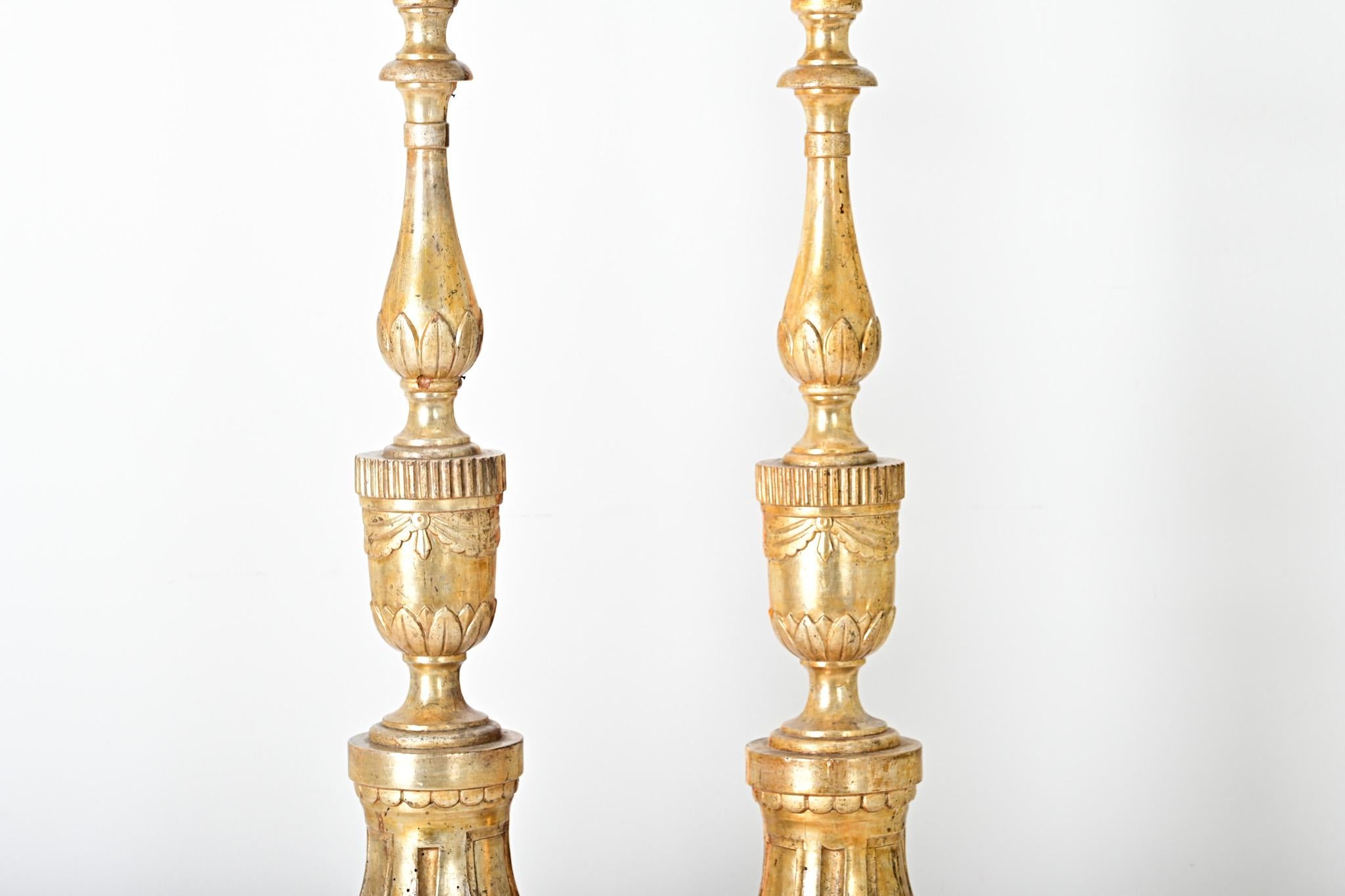 Carved French Pair of 18th Century Gilt Candlesticks For Sale