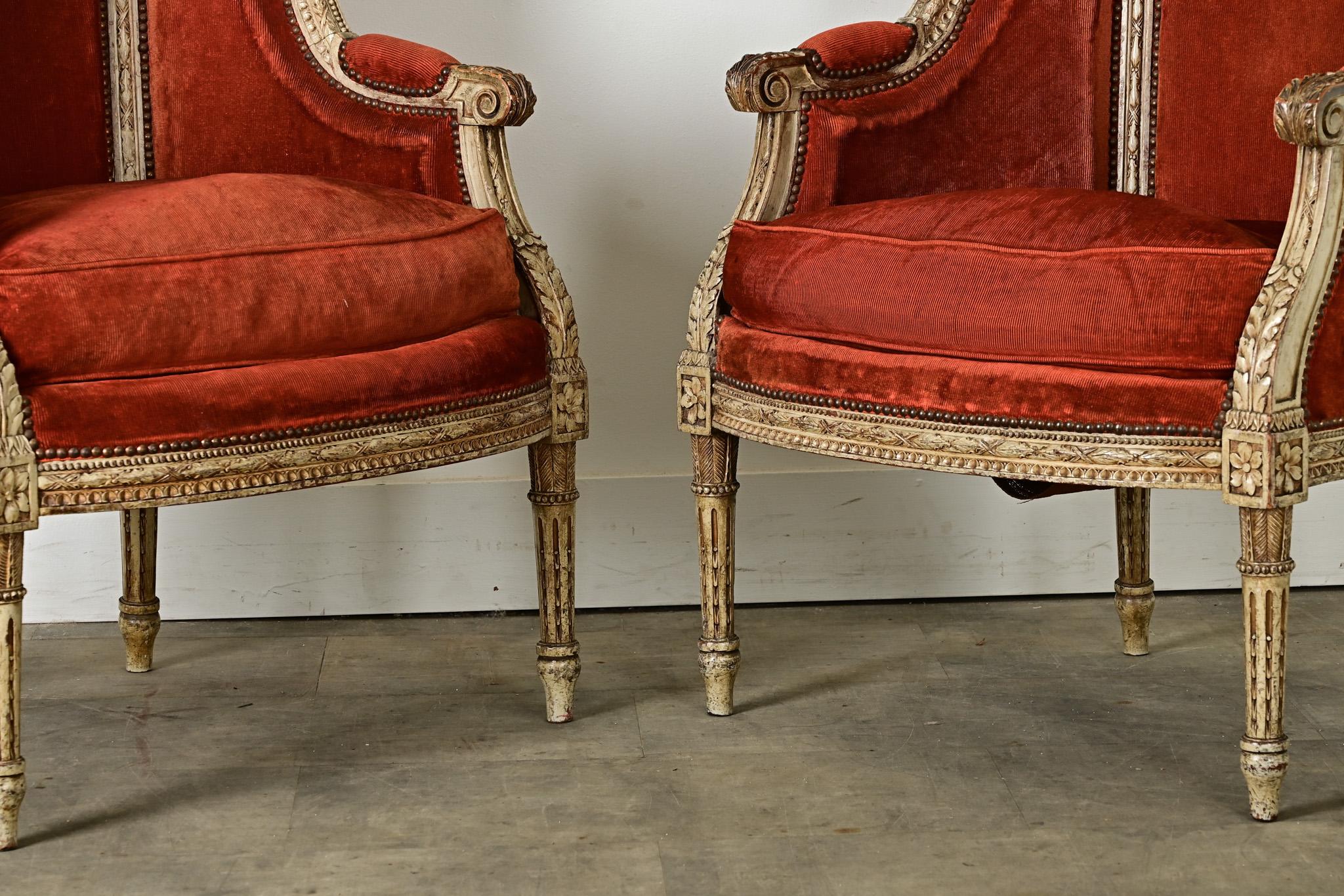 Textile French Pair of 18th Century Louis XVI Bergere For Sale