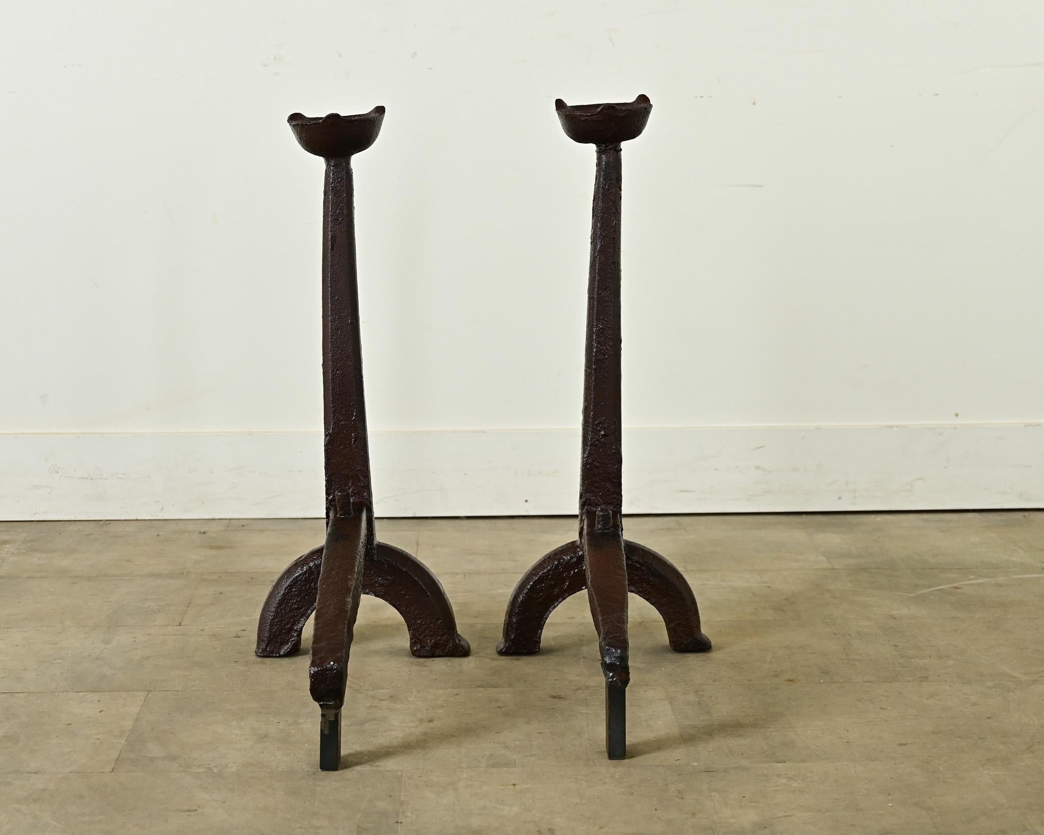French Pair of 18th Century Wrought Iron Gothic Andirons For Sale 5