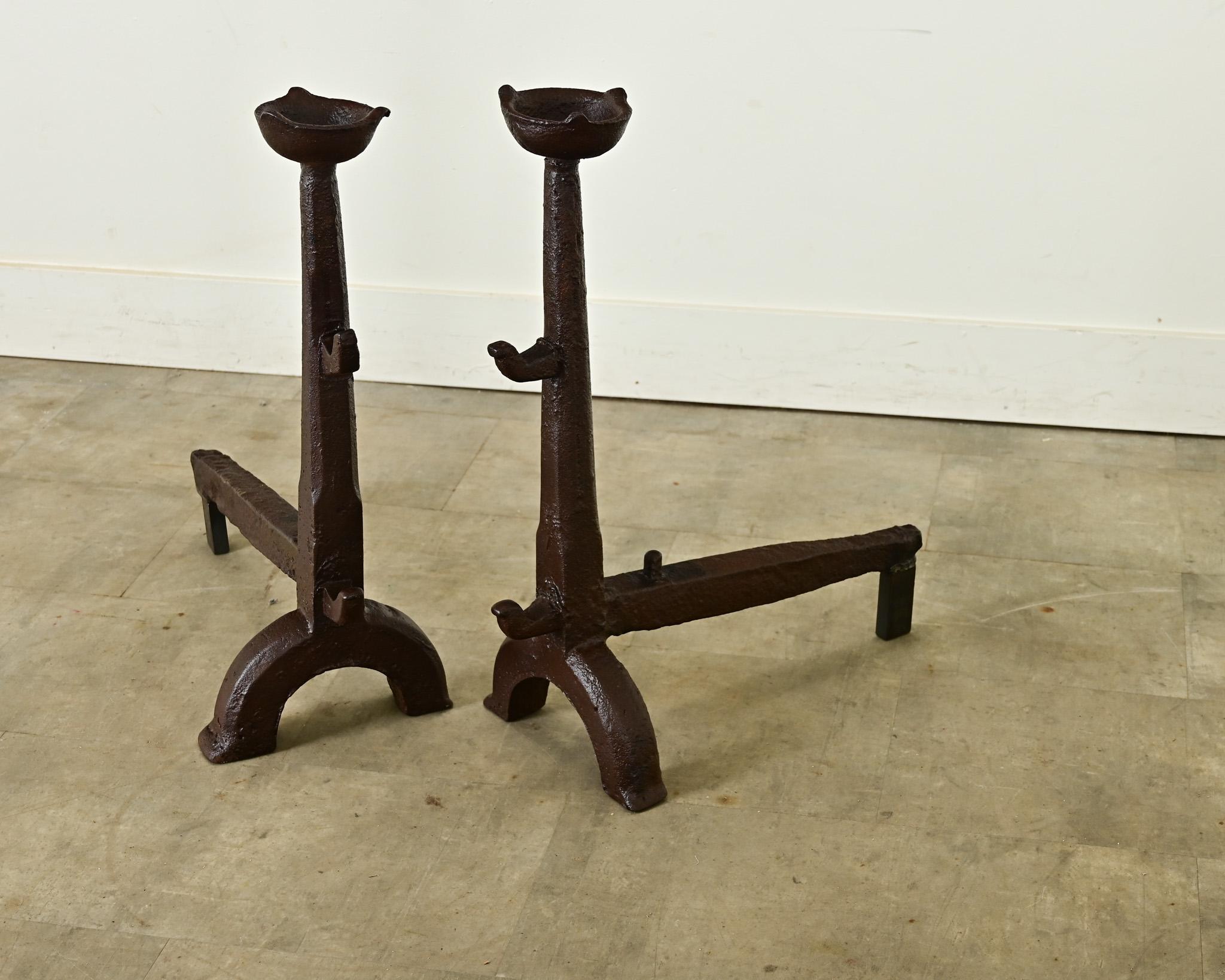 18th Century and Earlier French Pair of 18th Century Wrought Iron Gothic Andirons For Sale