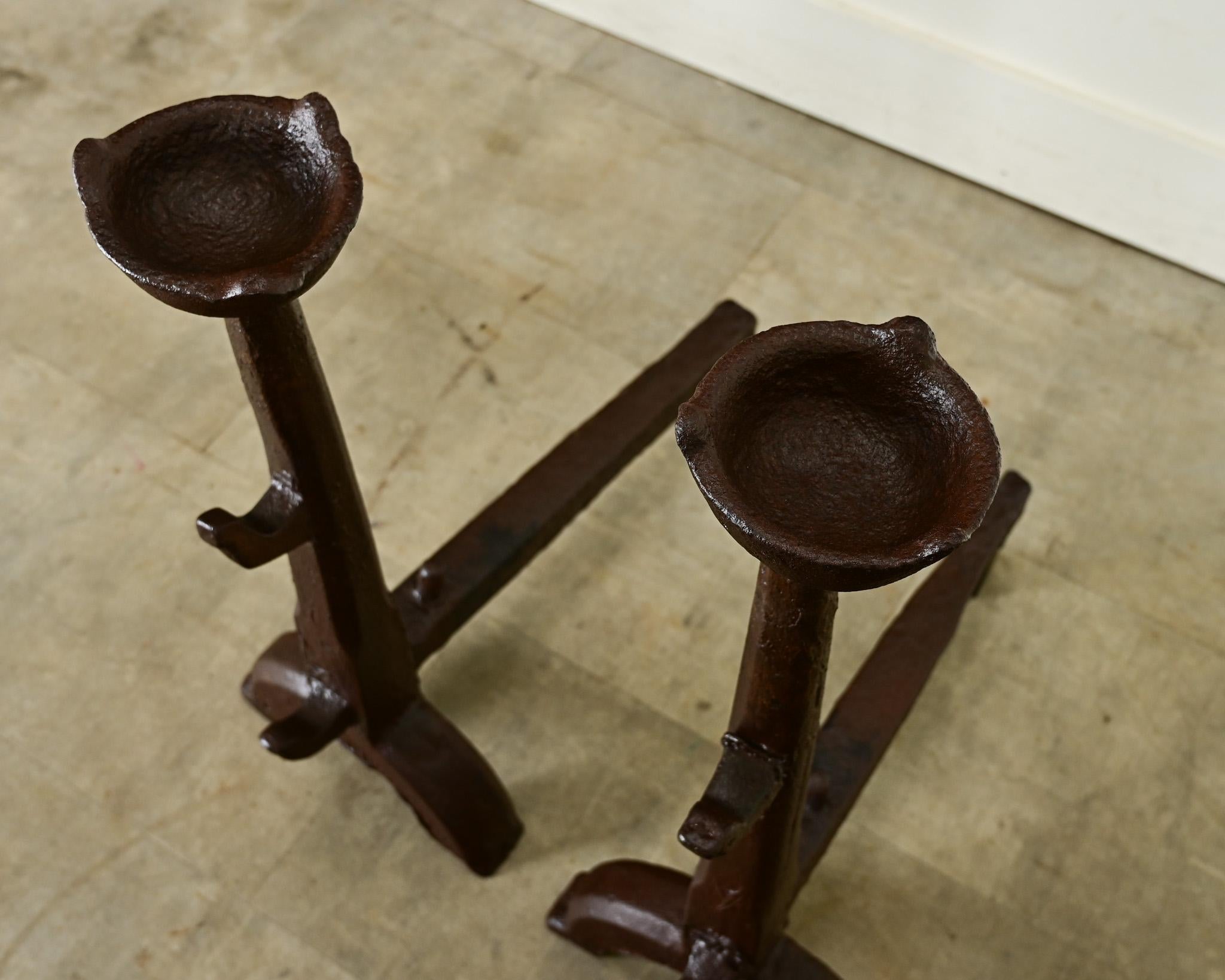 French Pair of 18th Century Wrought Iron Gothic Andirons For Sale 1