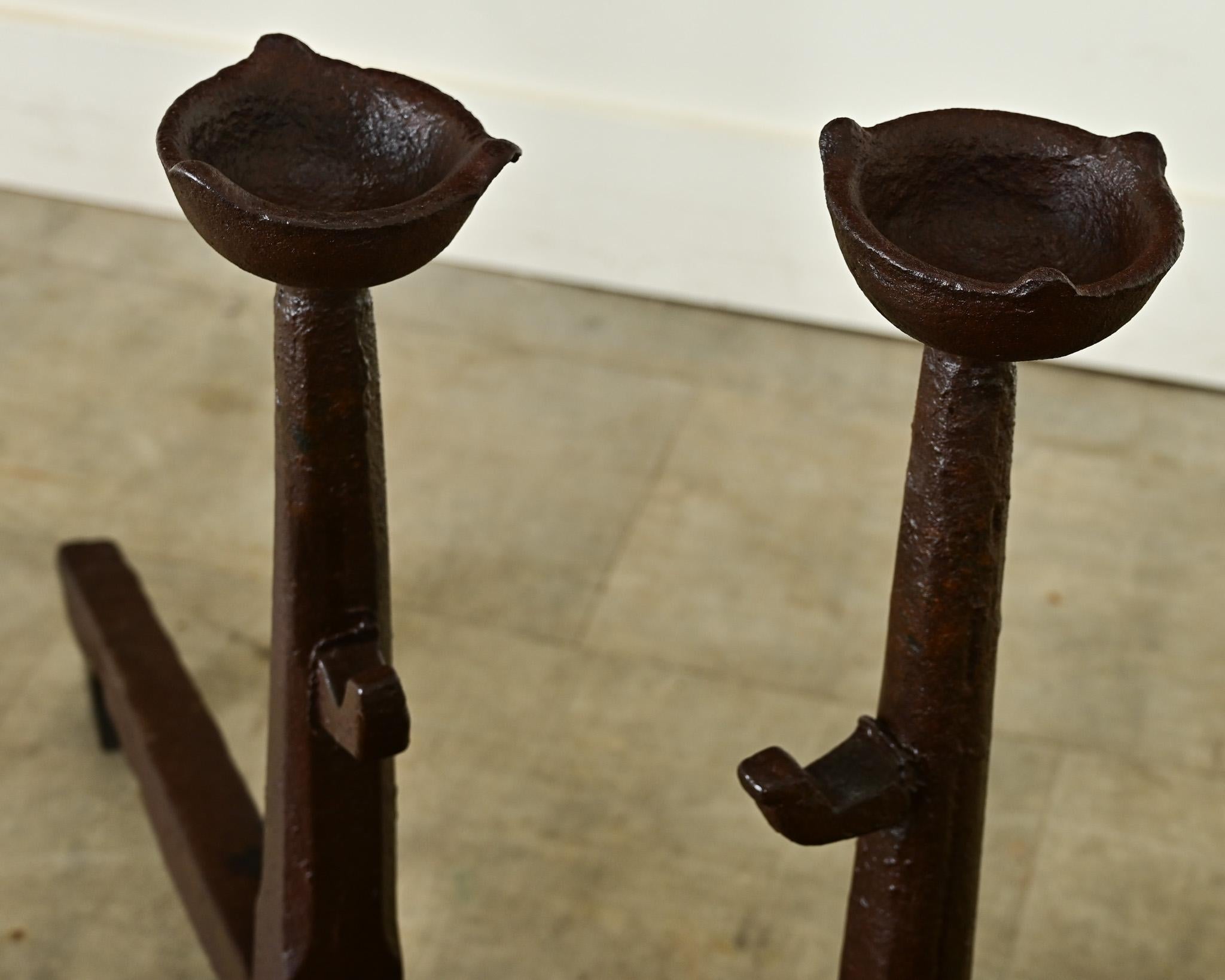 French Pair of 18th Century Wrought Iron Gothic Andirons For Sale 2