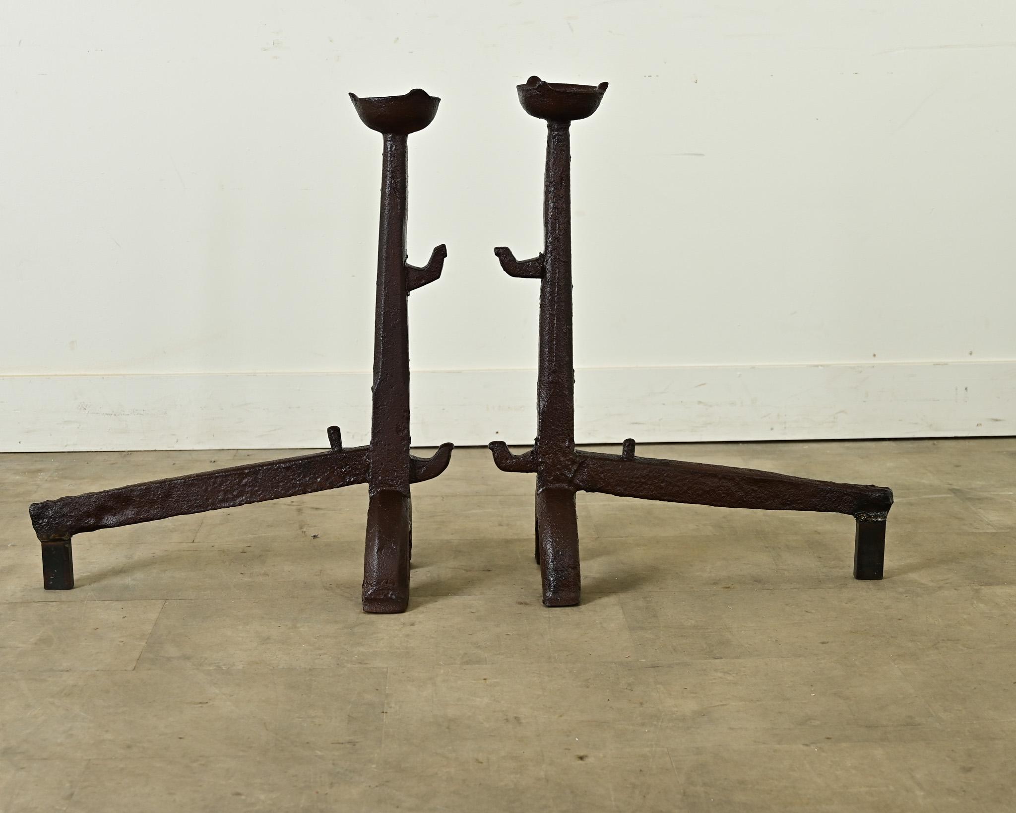 French Pair of 18th Century Wrought Iron Gothic Andirons For Sale 3
