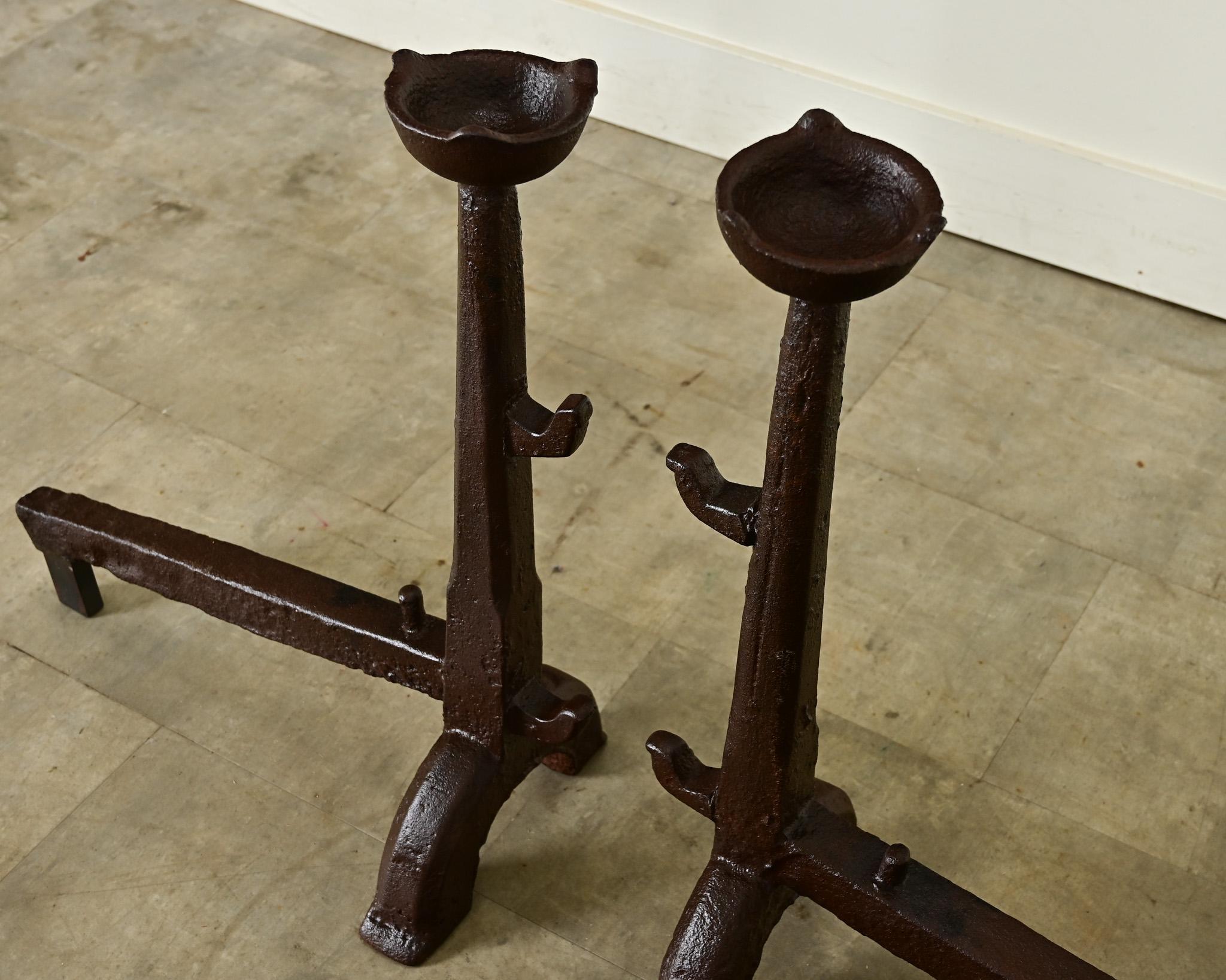 French Pair of 18th Century Wrought Iron Gothic Andirons For Sale 4
