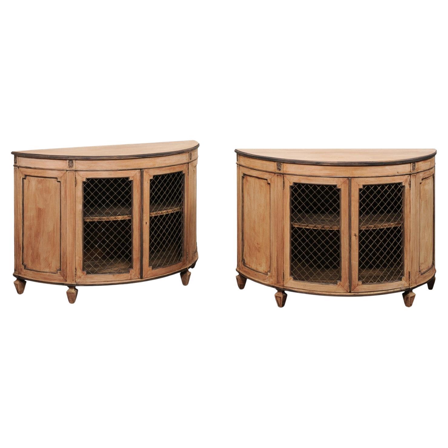 French Pair of 1960's Demi Console Cabinets with Wire Front Door Panels