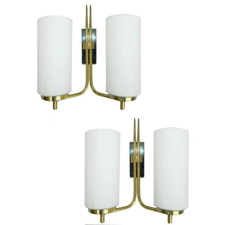 French Pair Mid-Century Modern Brass & Opaline 2 Arm Sconce Wall Lamp 