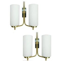 French Pair Mid-Century Modern Brass 
Opaline 2 Arm Sconce Wall Lamp