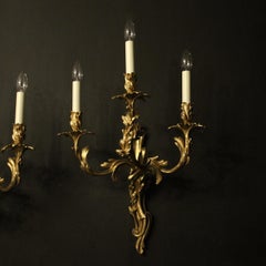 French Pair of 19th Century Gilded Bronze Triple Arm Antique Wall Sconces