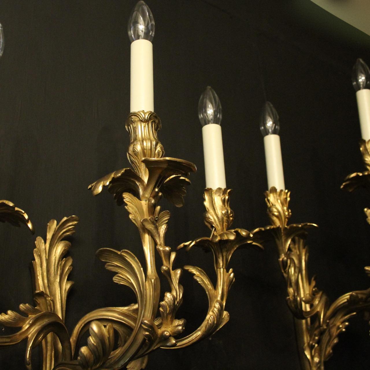 Rococo French Pair of 19th Century Gilded Bronze Triple Arm Antique Wall Sconces